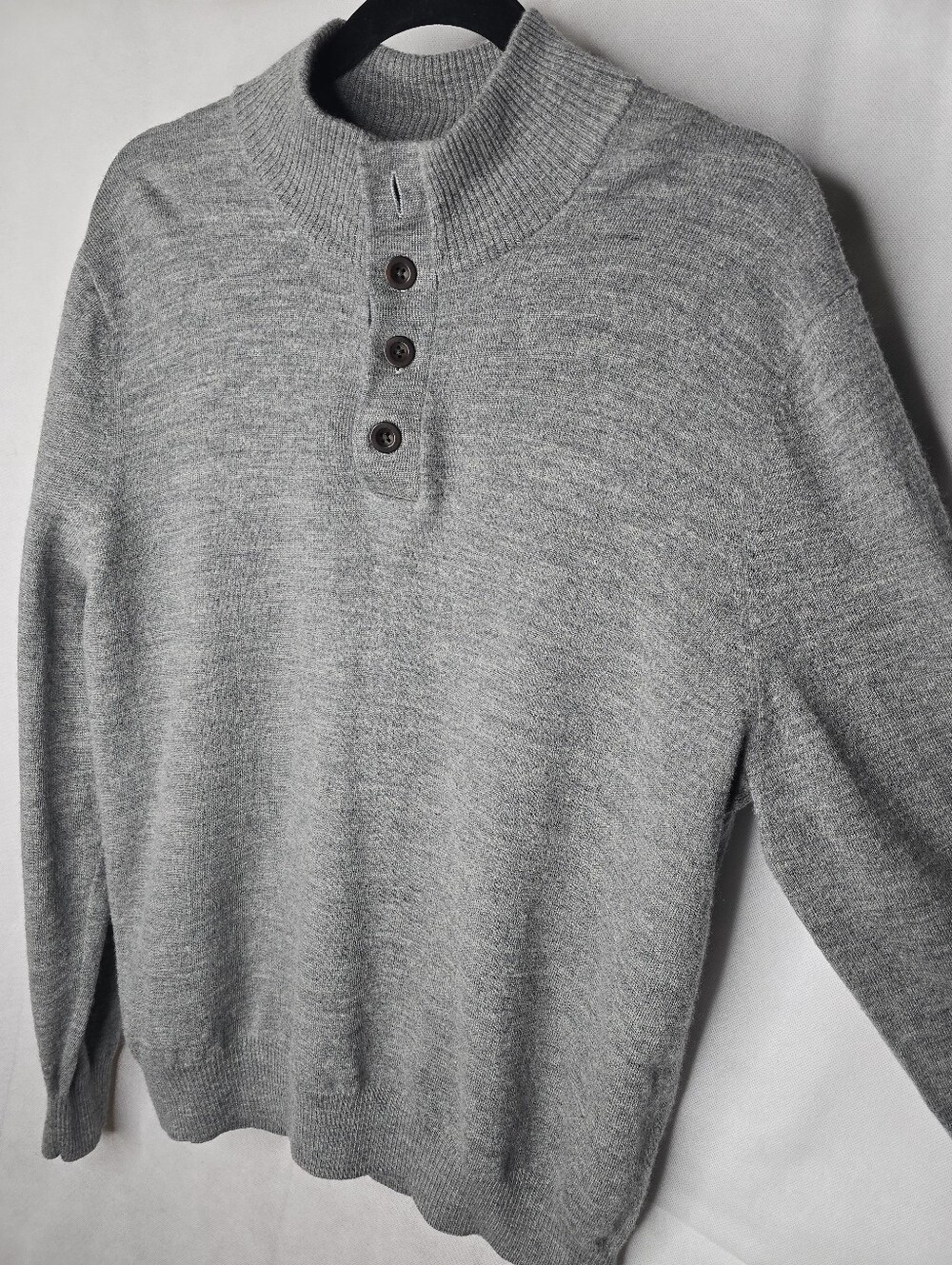 Lands' End Merino Wool Sweater Gray Button Mock Neck Pullover Classic Preppy L